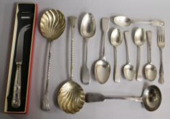 A pair of Victorian silver Onslow pattern serving spoons and ten other items.