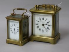 Two French gilt brass carriage timepieces, the smaller with enamelled Roman dial, the other retailed