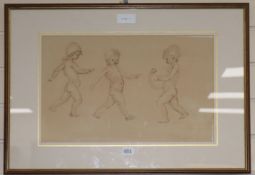 English School, pen and ink, sketch of three putti, indistinctly signed, 29 x 47cm.