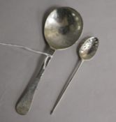 A late 17th century silver spoon and a Georgian mote spoon, the first with 'AS' mark, engraved