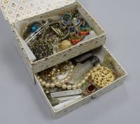 A small group of costume jewellery and other items including a yellow metal fob seal, a silver scent