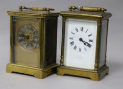 Two French brass carriage timepieces, one with enamelled Roman dial, retailed by Mappin & Webb,