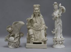 A Chinese blanc de china figure of Guandi, another figure and a vase tallest figure 27cm
