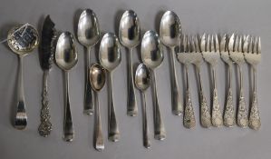 A set of six James Dixon Italian pattern silver oyster forks and sundry Georgian and later silver