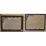 Two George II indentures, framed and glazed