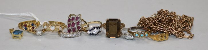 Ten assorted rings including three 18ct gem set, one platinum gem set and six 9ct, a 14ct gold