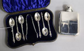 A silver hip flask, Sheffield 1922, G & J W Hawksley and a set of six silver apostle teaspoons and