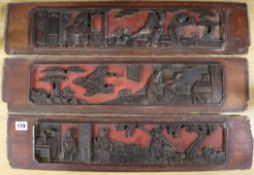 Three Chinese wood carved panels width 64cm height 15cm