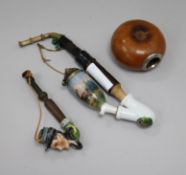 Two Austrian porcelain-mounted ceramic pipes and a Bombilla pot (3)