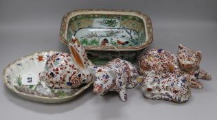 Four Chinese ceramic polychrome animals, a Canton tureen (lacking cover) and a Continental dish