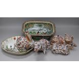 Four Chinese ceramic polychrome animals, a Canton tureen (lacking cover) and a Continental dish