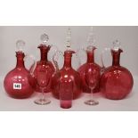 Five cranberry glass decanter and three glasses