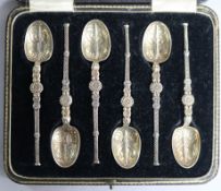 A cased set of 6 George V "coronation" style silver coffee spoons, Barker Brothers Silver Ltd,