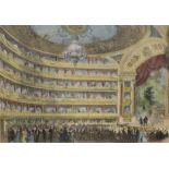 A box of assorted prints including a coloured engraving of Covent Garden Opera House