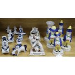 A set of Toby pottery condiments, 8 Wilfred Gibson figures, and 3 Fairings tallest 16cm