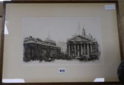 Fred Farrell, etching, Threadneedle Street, signed, 23 x 36cm