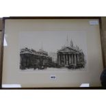 Fred Farrell, etching, Threadneedle Street, signed, 23 x 36cm