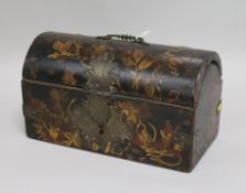 A late 18th century papier mache dome topped decanter box height 13cm width 21cm