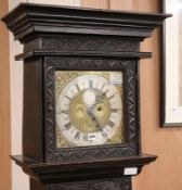M. Weatherhead, Kirkby Lonsdale. A carved oak Westmorland longcase clock W.55cm