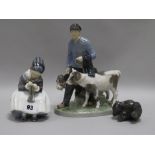 Three Royal Copenhagen figures to include Farmer and two calves, seated girl and a small bear