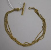 A yellow metal four-strand watch Albert with T-bar and swivel (tests as 14ct gold minimum), 17.7g