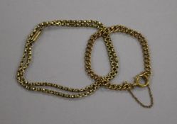 A 9ct gold curb-link bracelet and a yellow metal belcher-link necklace (tests as 14ct), 10.5g & 9.