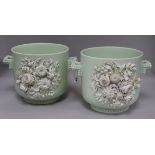 A pair of floral encrusted jardinieres height 18.5cm diameter 20cm