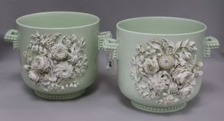 A pair of floral encrusted jardinieres height 18.5cm diameter 20cm