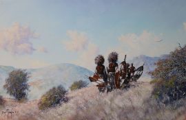 Boyi Molefe, oil on board, Zulu Warriors in a landscape, signed and dated 2001, 43 x 67cm and