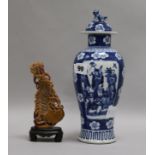 A Chinese blue and white vase and a soapstone carving vase height 29cm