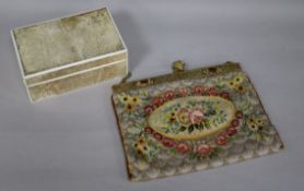 An Art Deco snakeskin and ivory cigarette box and a needlepoint evening bag