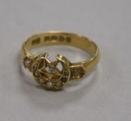 An 18ct yellow gold crescent and star ring, set diamond and half pearls, Chester 1905, gross 4.4g