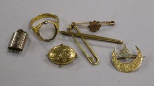 A 14K gold Turkish crescent brooch and six other items, including a 9ct gold ring frame, three bar