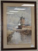 H. Sanglier, watercolour, windmill beside a canal, signed, 69 x 46cm