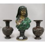 A pair of Japanese bronze vases and a bronze bust of a Nubian woman height 32cm