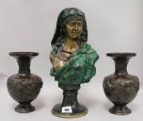 A pair of Japanese bronze vases and a bronze bust of a Nubian woman height 32cm