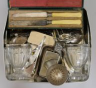 A pair of glass salts, cased knives etc