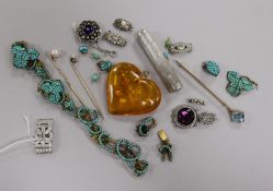 Mixed items, including a silver cased silver cigarette holder, assorted paste set clasps, three