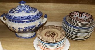A Staffordshire Willow pattern soup tureen and cover and various Staffordshire plates