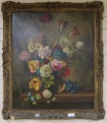 Alexander Wilson, oil on canvas, still life of flowers in a vase on a ledge, signed, 75 x 62cm