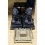 A Victorian coromandel and brass box, two lions and an inkwell height 15cm width 28cm