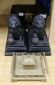 A Victorian coromandel and brass box, two lions and an inkwell height 15cm width 28cm