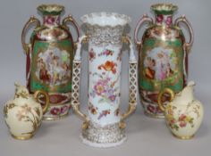 Two Royal Worcester jugs and three Vienna style vases