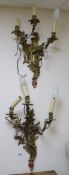 A pair of three branch ormolu wall lights length 55cm