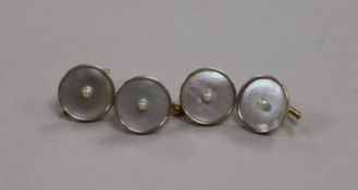 A set of four Larter & Co. 14K gold dress studs set mother of pearl and seed pearls, 10g gross.