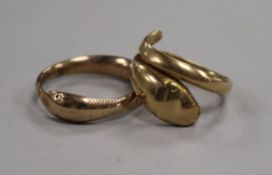 Two yellow metal 'serpent' rings (test as 14ct), 11.4g