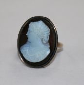 A 19th century 9ct gold cameo ring, the oval sardonyx carved with a portrait bust of a lady in