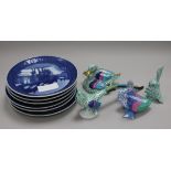 Four Herend scale pattern animal figures and six Royal Copenhagen Christmas plates