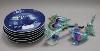 Four Herend scale pattern animal figures and six Royal Copenhagen Christmas plates