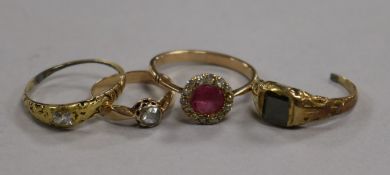 An antique yellow metal diamond solitaire ring, inscribed '5-12-31' and Van Piet and three other